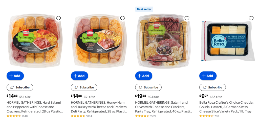pre-packed party trays at walmart deli section by hormel gatherings